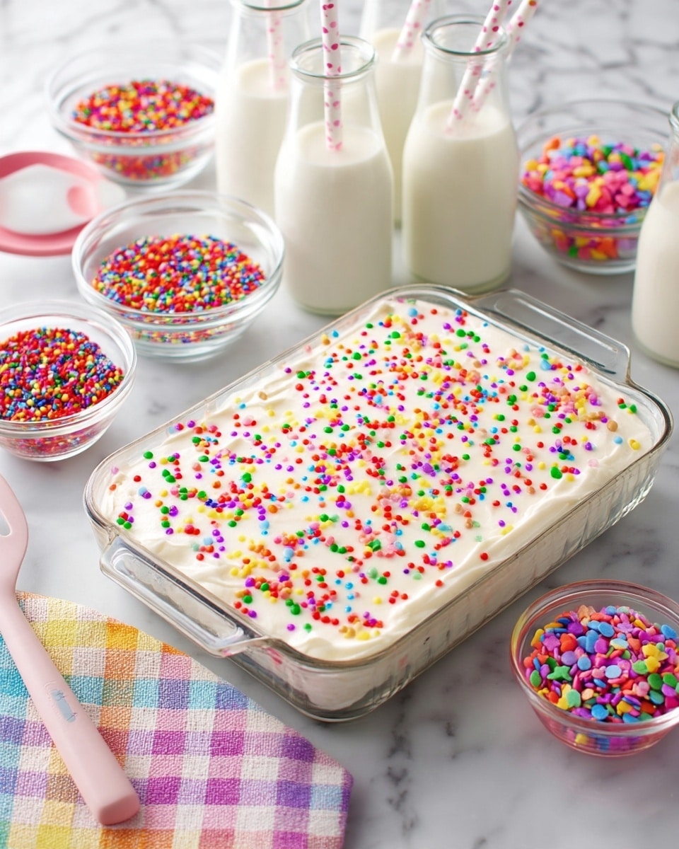 A clear rectangular glass dish filled with a thick single layer of smooth white frosting, covered evenly with small round colorful sprinkles in bright shades of red, green, yellow, purple, orange, and blue. The dish sits on a white marbled surface, surrounded by three clear bowls filled with different types of colorful sprinkles and four glass bottles of white milk with pink and white striped straws. A pink spatula and a pastel checkered cloth are placed near the dish. photo taken with an iphone --ar 4:5 --v 7