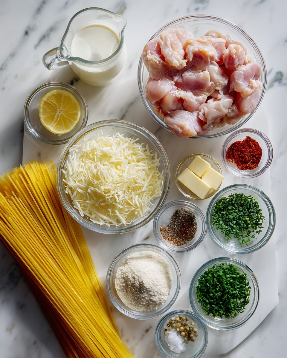 The image shows cooking ingredients arranged neatly on a white marbled surface. In the center, there is a clear glass bowl with raw pieces of light pink chicken. To the right of it are small clear bowls with diced shallots, red spice powder, salt, and minced garlic. Above these are another small bowl with three rectangular pieces of butter and a bowl of black pepper. To the left of the chicken bowl, there is a bowl of shredded white cheese, and next to it a small bowl with chopped green herbs. Behind the cheese and herbs, there is a bundle of uncooked yellow spaghetti lying flat. A clear glass measuring cup holds white milk positioned at the far left. Several small glass bowls with lemon juice, chopped green chives, crushed red pepper flakes, and grated lemon zest are scattered around, creating an organized layout of fresh ingredients. photo taken with an iphone --ar 4:5 --v 7