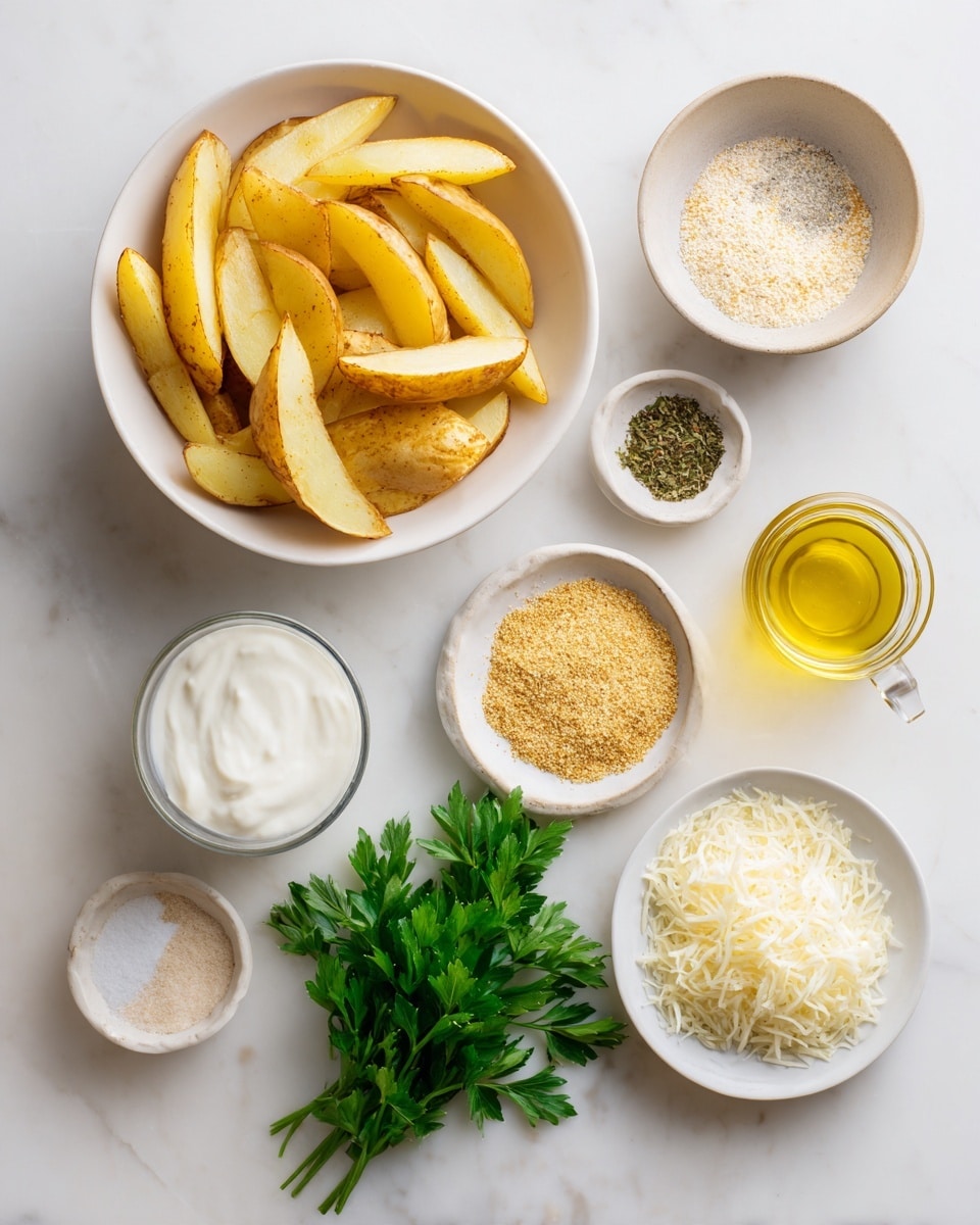 Top-down professional food photography flat lay style, bright white marble countertop, neatly arranged, evenly spaced, tidy, clean organized layout, include: bowl of russet potato wedges, bottle of olive oil, small bowl of salt, small bowl of garlic powder, small bowl of Italian seasoning, small bowl of shredded parmesan cheese, small plate of fresh parsley leaves, small glass cup of ranch dressing for dipping, bright soft natural lighting, sharp focus, high detail textures, realistic reflections, professional DSLR look, 4K, no finished dish, no cooked food, no hands, no text, no watermark, no brand logos --ar 4:5 --v 7