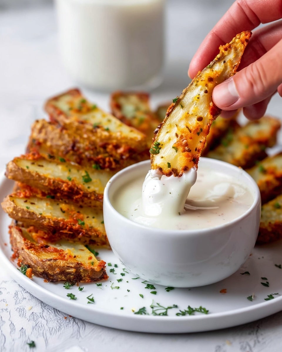 A white plate with crispy golden-brown potato wedges layered in the background, sprinkled lightly with small green herb pieces. At the front, a white cup filled to the top with creamy white dipping sauce. A woman's hand is holding one potato wedge, dipped halfway into the sauce, showing a crunchy textured surface with small bits of seasoning and herbs on it. The plate sits on a white marbled surface with some scattered herbs for decoration photo taken with an iphone --ar 4:5 --v 7