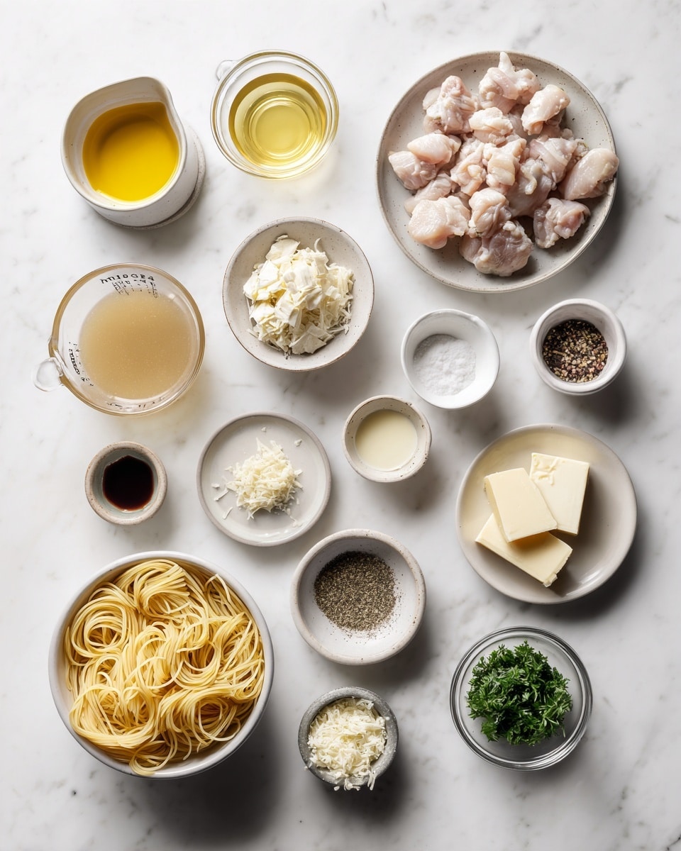 Top-down professional food photography flat lay style, bright white marble countertop, neatly arranged, evenly spaced, tidy, clean organized layout, include: small glass cup of vegetable oil, small bowl of salt, small bowl of cracked black pepper, plate with prepared chicken pieces, small plate of cream cheese at room temperature, small plate of unsalted butter at room temperature, bowl of creamy soup base, small bowl of minced garlic, glass measuring cup of chicken broth, small bowl of dry Italian salad dressing mix, plate of uncooked angel hair pasta, small bowl of chopped fresh parsley, small bowl of grated Parmesan cheese, bright soft natural lighting, sharp focus, high detail textures, realistic reflections, professional DSLR look, 4K, no finished dish, no cooked food, no hands, no text, no watermark, no brand logos --ar 4:5 --v 7