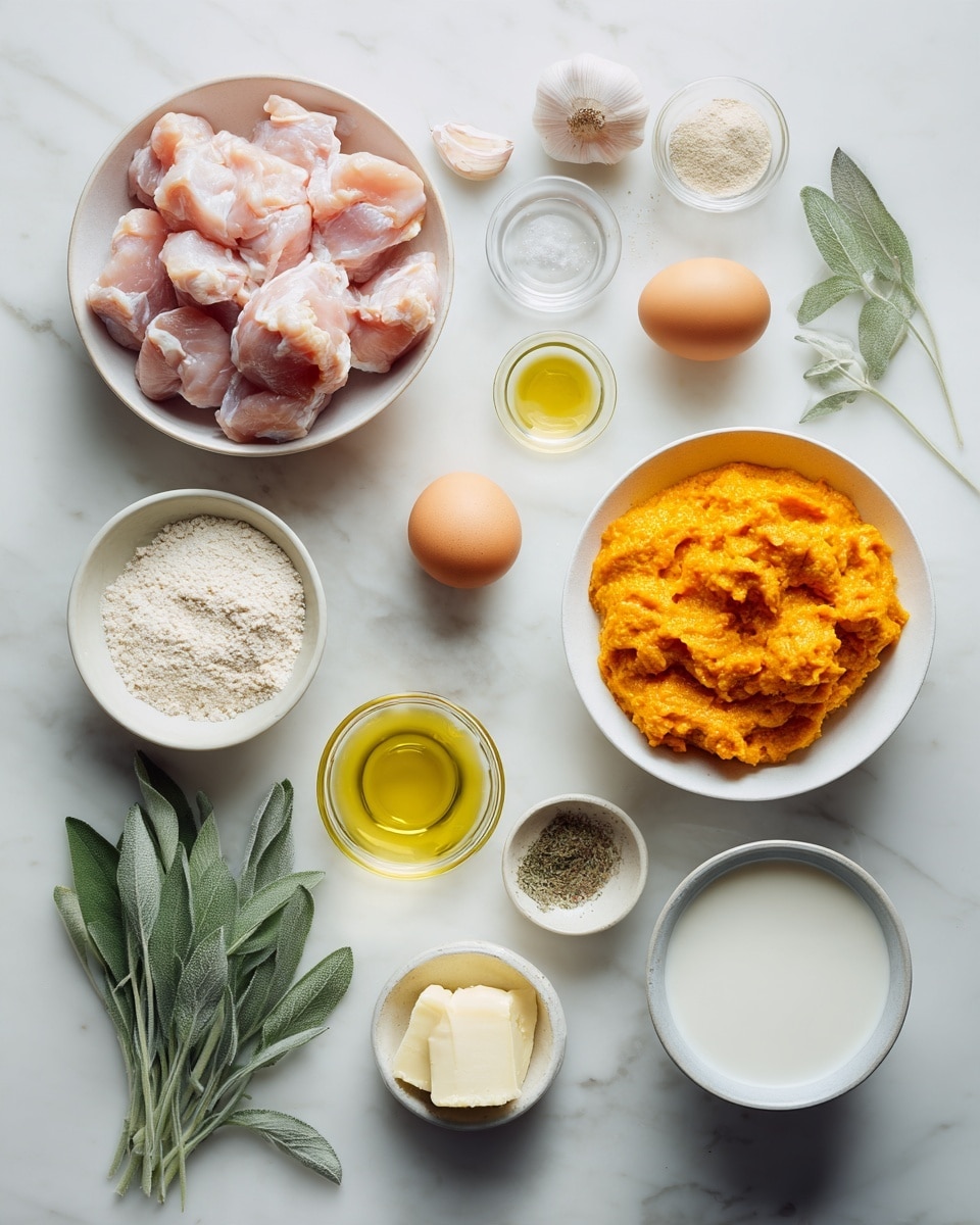 Top-down professional food photography, flat lay style, bright white marble countertop, neatly arranged, evenly spaced, tidy, clean organized layout, include: bowl of prepared chicken pieces, bowl of canned pumpkin purée, small bowl of plain breadcrumbs, small plate with large egg, small bowl of minced fresh garlic, small bowl of onion powder, small bowl of salt, small bowl of black pepper, small glass cup of olive oil, small plate of unsalted butter, glass measuring cup of heavy cream, small bowl of fresh sage leaves, bright soft natural lighting, sharp focus, high detail textures, realistic reflections, professional DSLR look, 4K, no finished dish, no cooked food, no hands, no text, no watermark, no brand logos --ar 4:5 --v 7