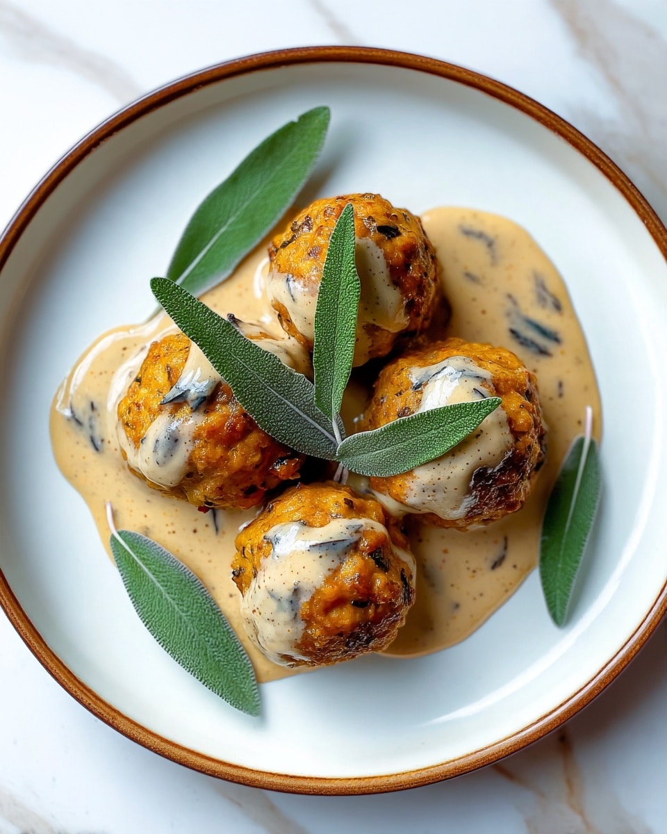 Five round, golden brown meatballs with a slightly rough texture are placed on a white plate with a thin brown rim. The meatballs are covered in creamy light beige sauce with small dark green herb pieces mixed in. On top of the center meatball, three fresh green sage leaves are placed as garnish. The plate is set on a surface with a white marbled texture. photo taken with an iphone --ar 4:5 --v 7