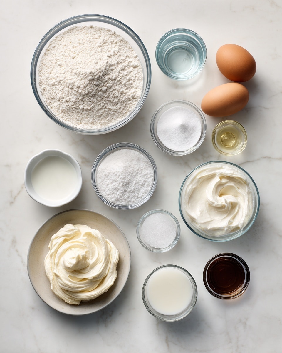 Top-down professional food photography flat lay style, bright white marble countertop, neatly arranged, evenly spaced, tidy, clean organized layout, include: large bowl of sifted all-purpose flour, small bowl of granulated sugar, small bowl of baking powder, small bowl of baking soda, glass measuring cup of water, small glass cup of oil, small glass cup of sour cream, small plate with large egg, small bottle of vanilla flavoring, small bottle of almond flavoring, bowl of almond buttercream frosting, bright soft natural lighting, sharp focus, high detail textures, realistic reflections, professional DSLR look, 4K, no finished dish, no cooked food, no hands, no text, no watermark, no brand logos --ar 4:5 --v 7