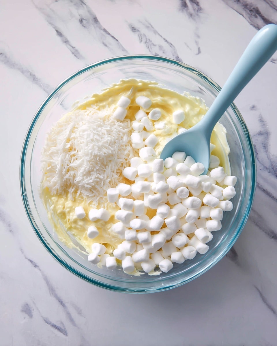 A clear glass bowl sits on a white marbled surface, filled with a mix divided into three parts: a pale yellow creamy base on the bottom left, white shredded coconut in the top left, and many small white marshmallows on the right. A light blue spoon rests inside the bowl on the right side, partly touching the marshmallows. The texture of the creamy base looks smooth, while the shredded coconut has a stringy, flaky texture, and the marshmallows are round and soft. photo taken with an iphone --ar 4:5 --v 7
