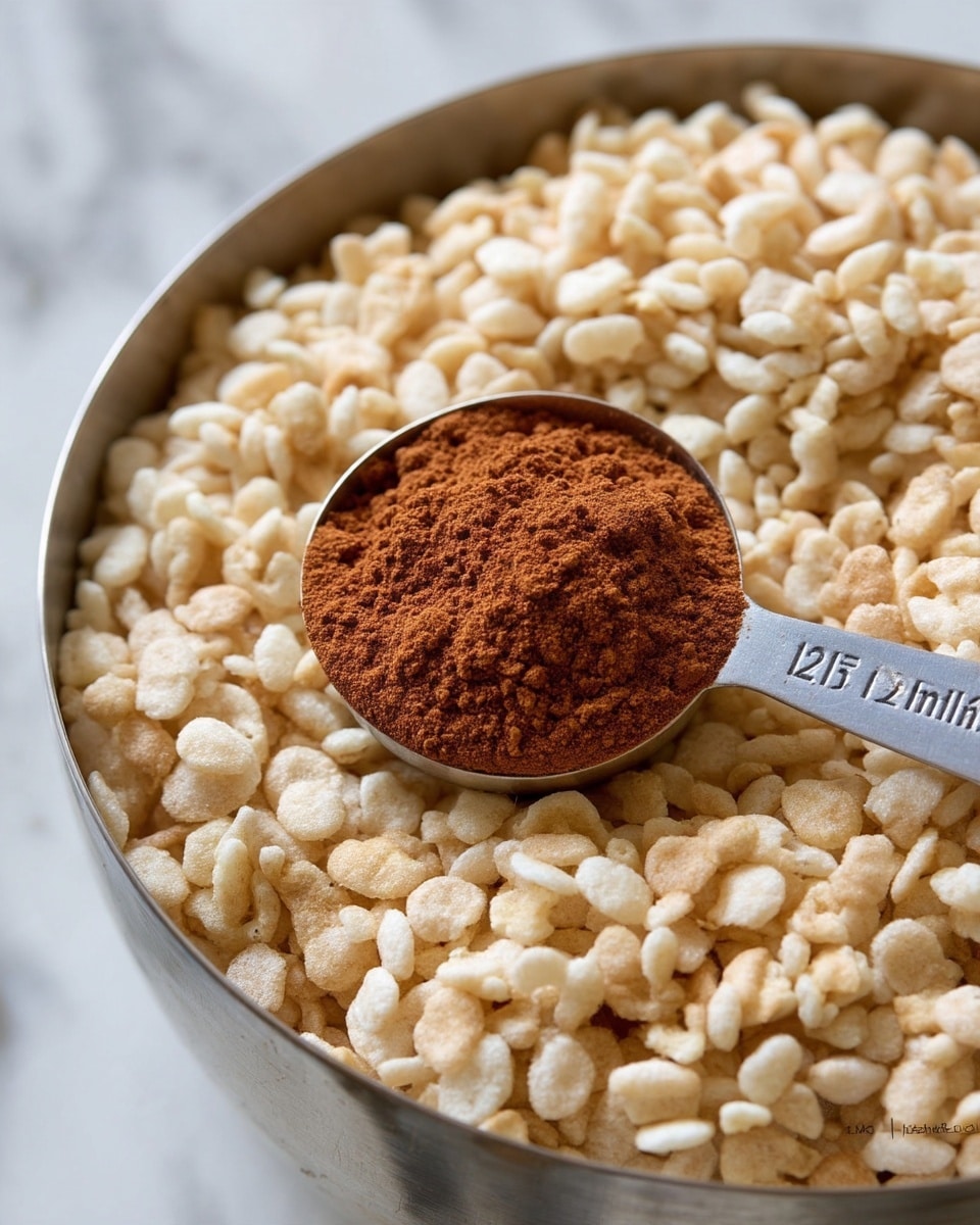 A close-up view of a large metal bowl filled with light beige puffed cereal pieces, with a small heap of brown cinnamon powder resting on top near the center. A silver measuring spoon with
