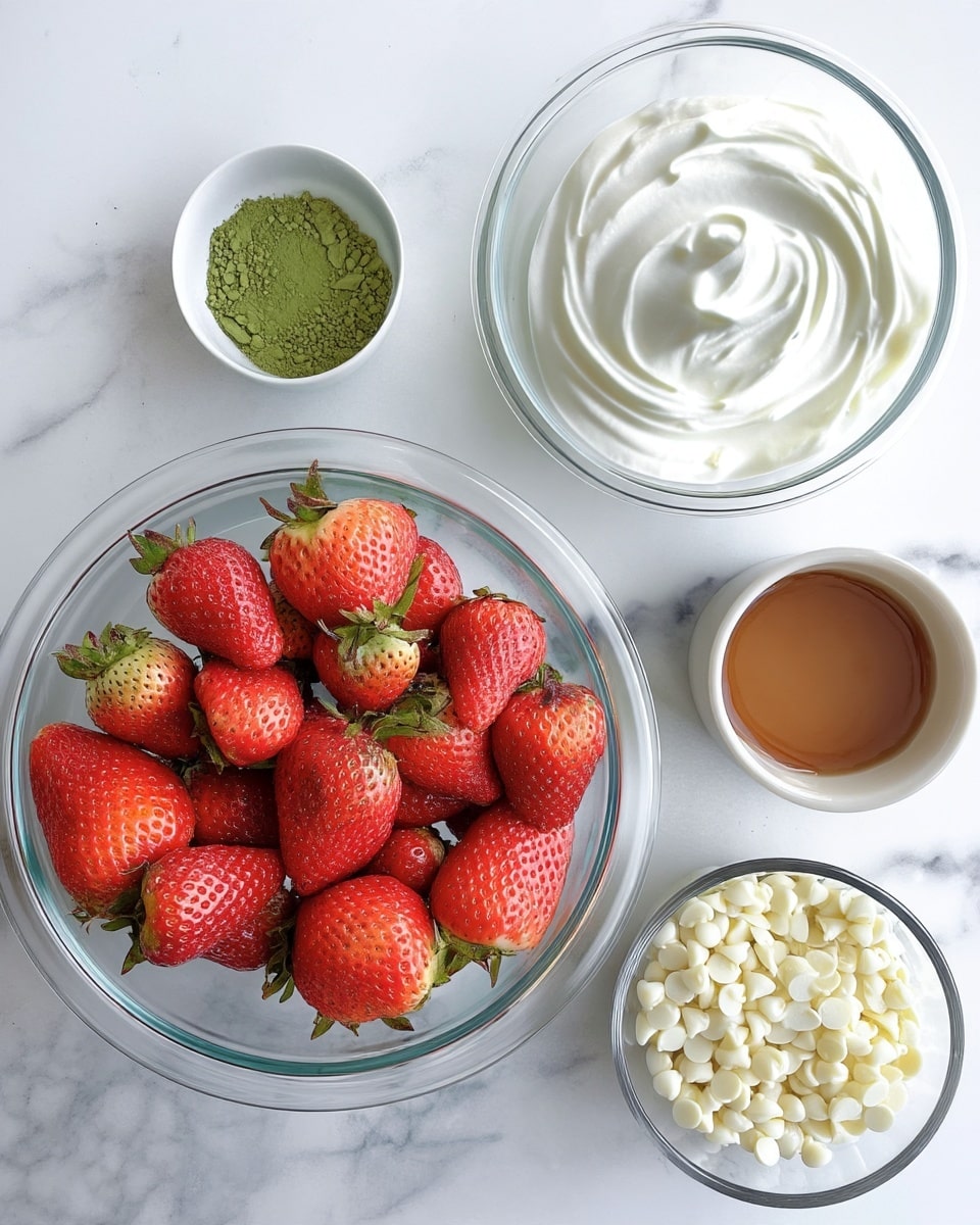 A clear glass bowl filled with many red strawberries with green stems is centered on a white marbled surface. To the left above the strawberries is a small white bowl holding a pile of green powder. Below the green powder, another clear glass bowl contains a smooth, thick layer of white whipped cream with swirls on top. To the right below the whipped cream bowl, there is a clear glass bowl packed with white chocolate chips. On the far right side near the bottom, a small white bowl holds a light brown liquid. All bowls rest on the white marbled surface. photo taken with an iphone --ar 4:5 --v 7