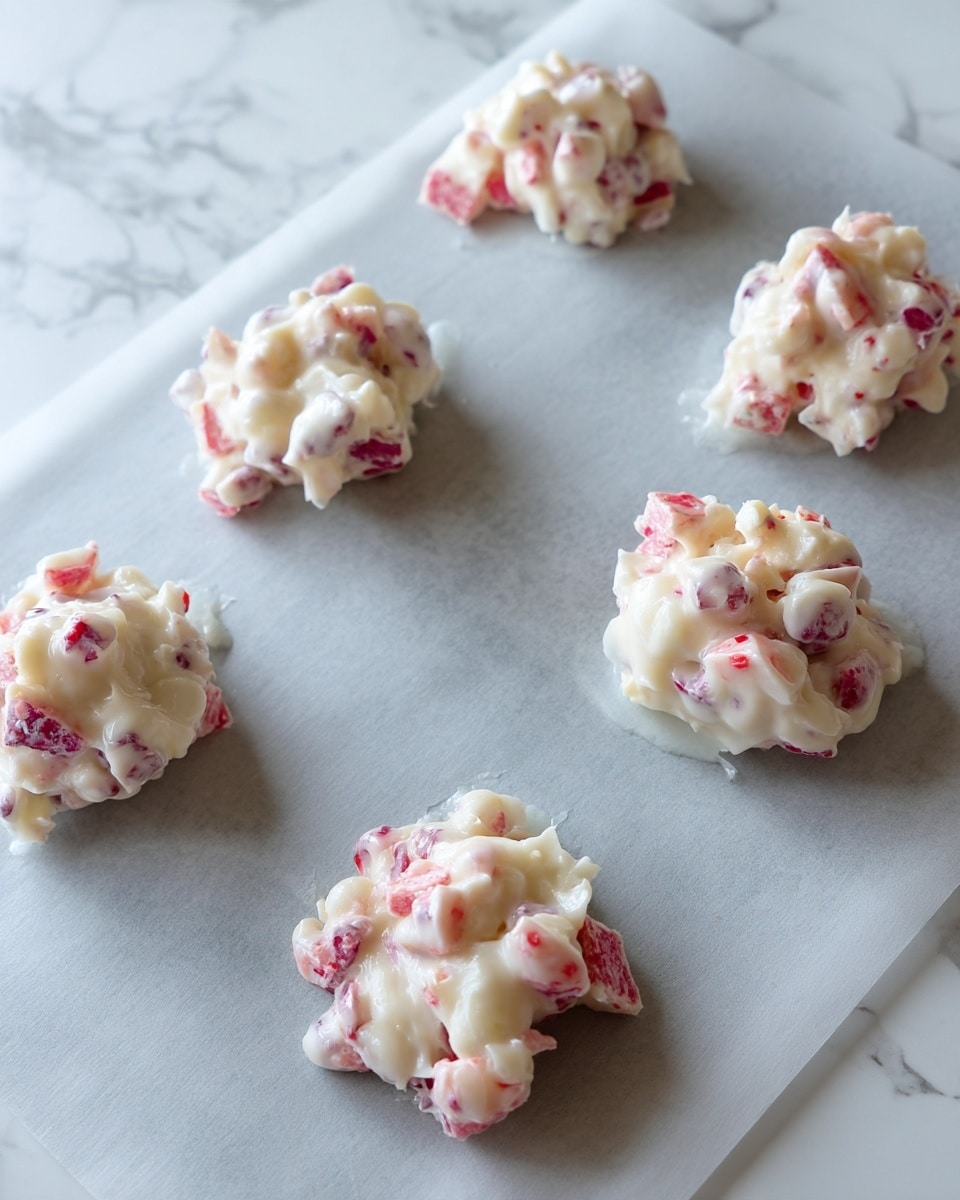 The image shows several small clusters of white creamy mixture with visible pink and red chunks, spread unevenly in round and irregular shapes on a sheet of parchment paper. Each cluster looks glossy and has a soft, slightly lumpy texture with pieces that seem to be fruit or candy mixed in. The clusters are placed with some space around each one on a flat surface with a white marbled texture. The overall scene looks bright and clean. photo taken with an iphone --ar 4:5 --v 7