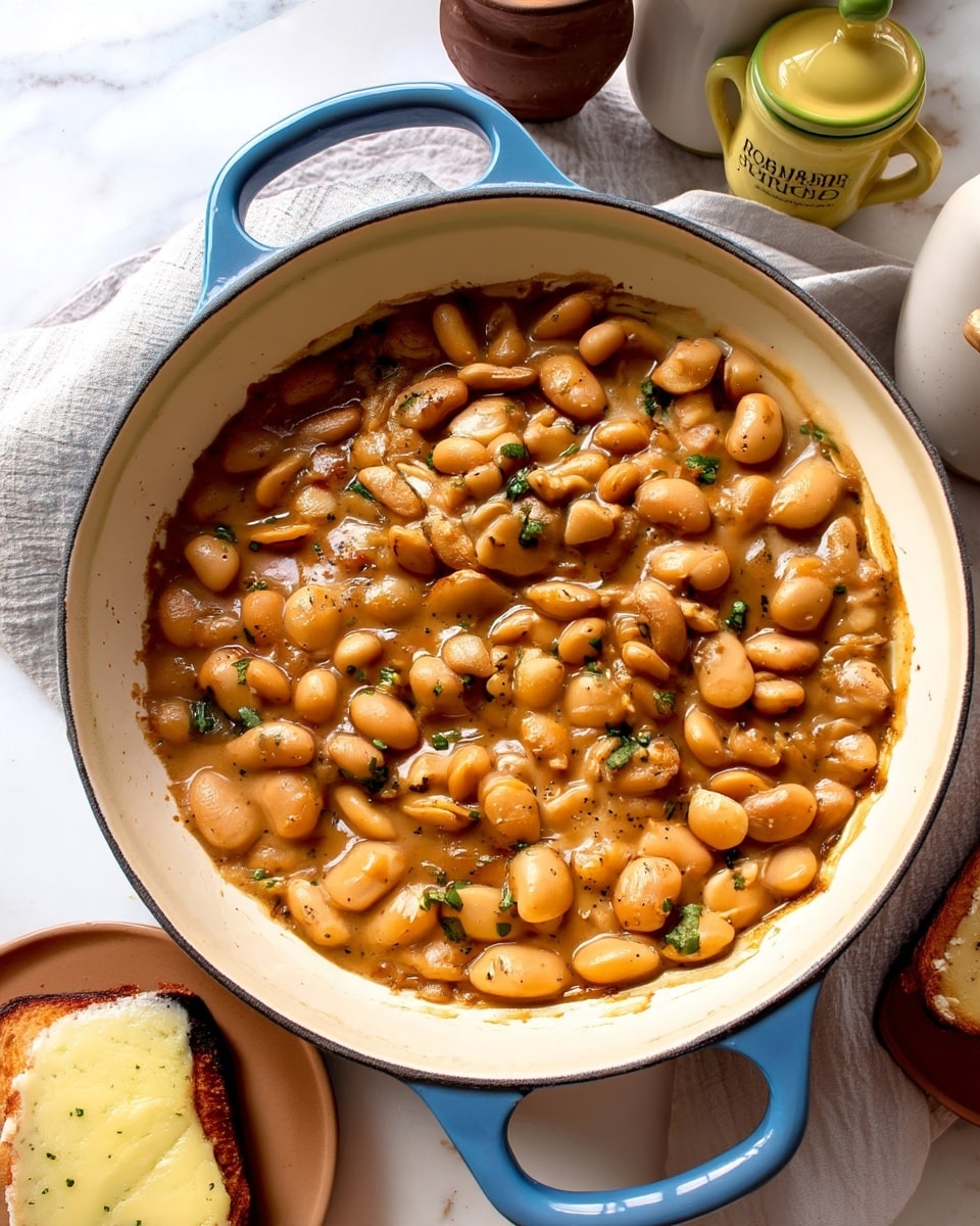 A round white pot with blue handles is filled with a thick mix of large light brown beans in a creamy sauce, sprinkled with small green herb pieces evenly over the top. The beans look soft and shiny, resting closely together, covering the entire surface inside the pot. The pot sits on a white marbled surface with a light brown plate holding a piece of bread with melted cheese in the bottom left corner. In the background, there are three small containers, one pale yellow with a green lid labeled