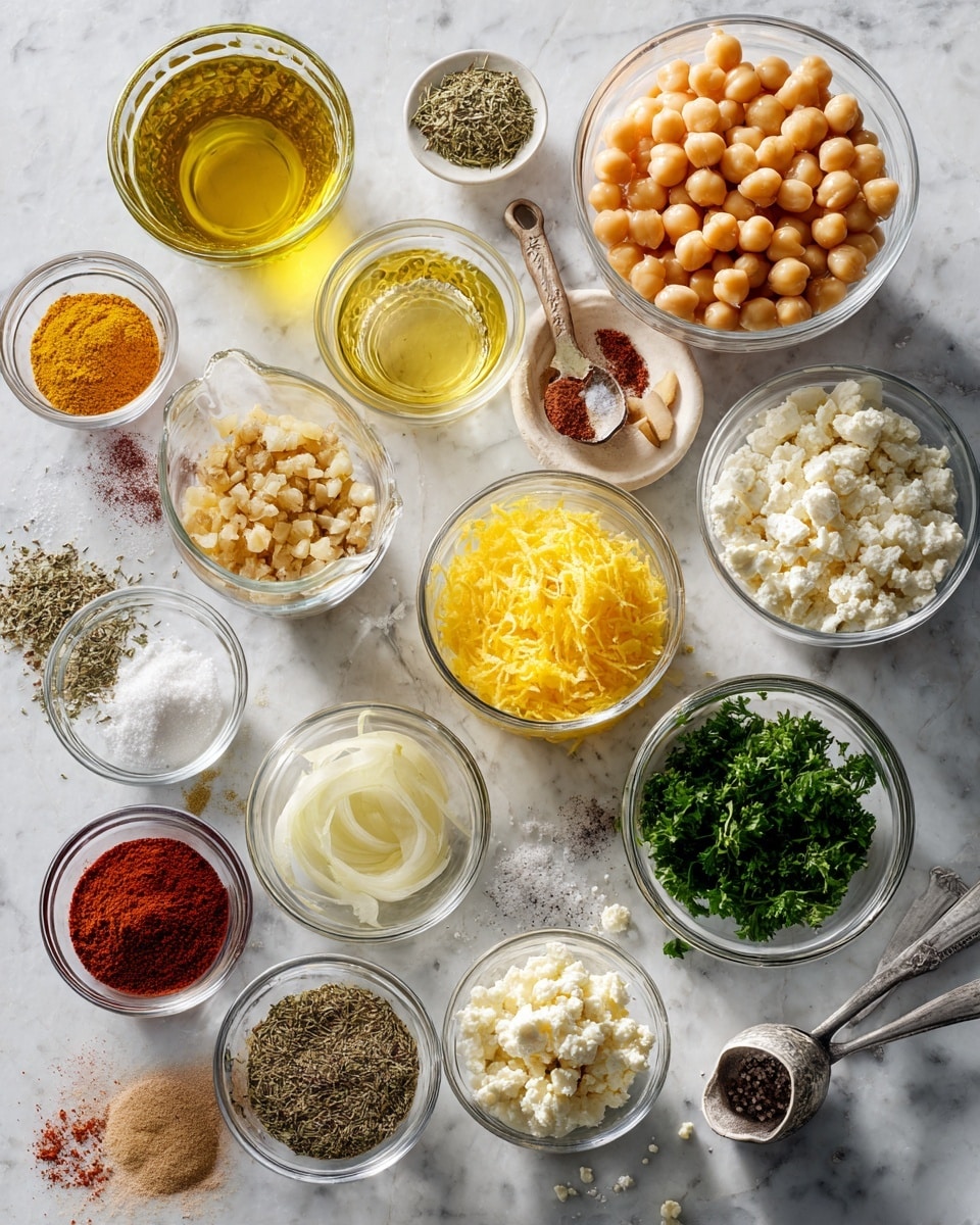 Top-down professional food photography, flat lay style, bright white marble countertop, neatly arranged, evenly spaced, tidy, clean organized layout, include: small glass cup of extra virgin olive oil, small bowl of chopped yellow onion, small bowl of grated garlic, bowl of drained chickpeas, small bowl of dried oregano, small bowl of paprika powder, glass measuring cup of vegetable broth, small bowl of lemon zest, small glass cup of lemon juice, small bowl of Greek yogurt, small bowl of chopped fresh parsley, small bowl of crumbled feta cheese, small bowl of salt, small bowl of black pepper, bright soft natural lighting, sharp focus, high detail textures, realistic reflections, professional DSLR look, 4K, no finished dish, no cooked food, no hands, no text, no watermark, no brand logos --ar 4:5 --v 7