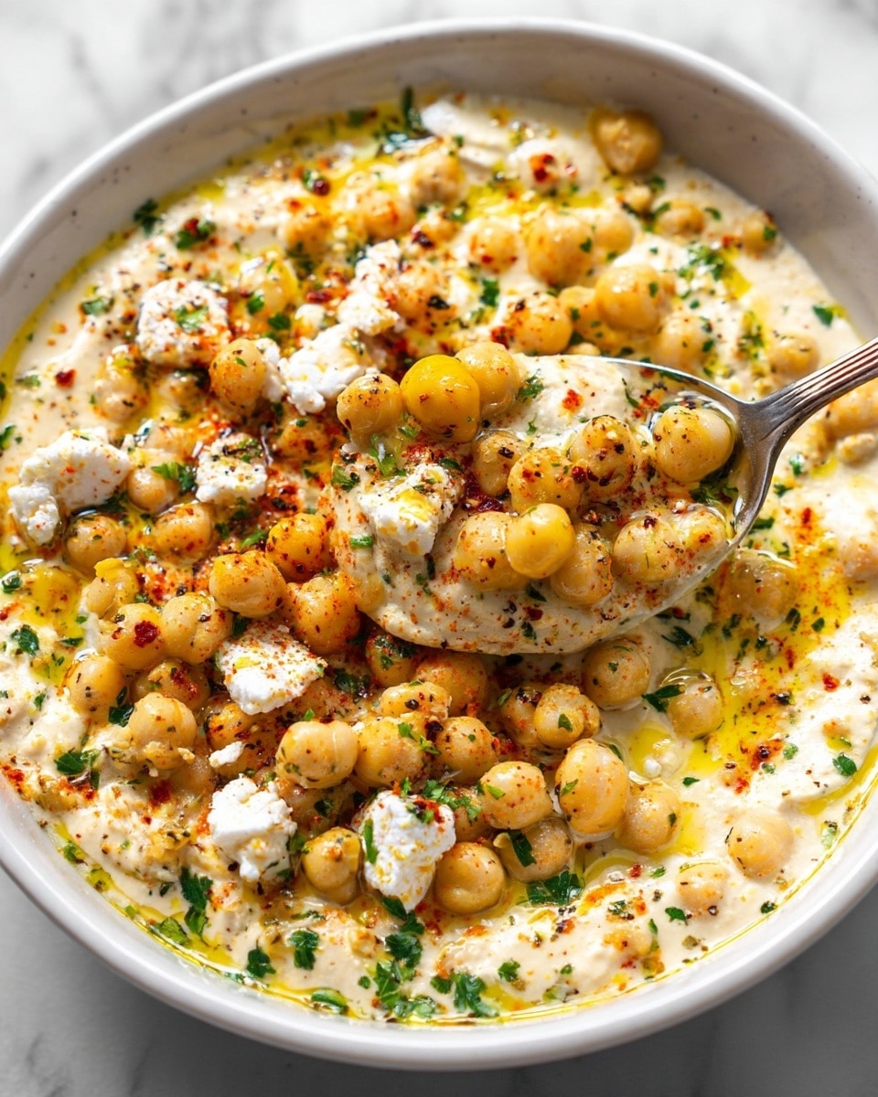 The image shows a close-up of a creamy chickpea dish in a white bowl set on a white marbled surface. The dish has three main layers: a thick creamy sauce base with a light beige color, a generous layer of whole chickpeas that are round and soft-looking in a golden-yellow shade, and scattered chunks of white cheese on top. Small green herb bits and a light drizzle of yellow oil are spread across the surface, with a sprinkle of red spices and black pepper adding color contrast. A metal spoon is scooping up a portion, showing the mix of creamy sauce, chickpeas, and cheese all blended together. Photo taken with an iphone --ar 4:5 --v 7