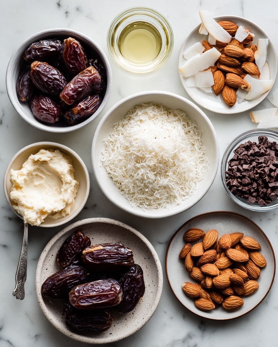 Top-down professional food photography flat lay style, bright white marble countertop, neatly arranged, evenly spaced, tidy, clean organized layout, include: bowl of pitted dates, small bowl of shredded unsweetened coconut, small plate of creamy coconut butter, small glass cup of unrefined coconut oil, small bowl of dark chocolate chips, small plate of roasted almonds, bright soft natural lighting, sharp focus, high detail textures, realistic reflections, professional DSLR look, 4K, no finished dish, no cooked food, no hands, no text, no watermark, no brand logos --ar 4:5 --v 7