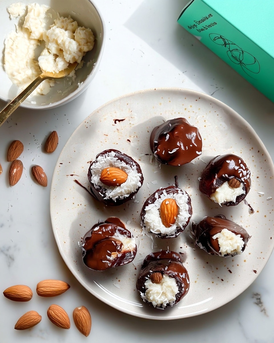 The image shows a white round plate with eight chocolate-covered dates arranged in a loose circle. Each date has a shiny dark brown chocolate layer on the outside, with bits of shredded white coconut sprinkled on top. One date is cut open, showing a white creamy filling inside with a whole almond in the center. To the upper left of the plate, there is a white bowl with a gold spoon inside, holding a white creamy mixture. Four almonds are scattered near the plate on a white marbled surface. A teal-colored box is partially visible in the upper right corner. Photo taken with an iphone --ar 4:5 --v 7