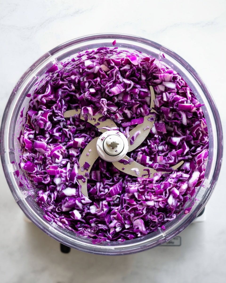 A clear round food processor bowl filled with finely chopped purple cabbage surrounding the two curved silver blades in the center. The cabbage pieces are small, with a mix of deep purple and white textured bits spread evenly throughout the bowl. The bowl sits on a white marbled surface, and the photo is taken from above, giving a clear top-down view of the cabbage inside. photo taken with an iphone --ar 4:5 --v 7