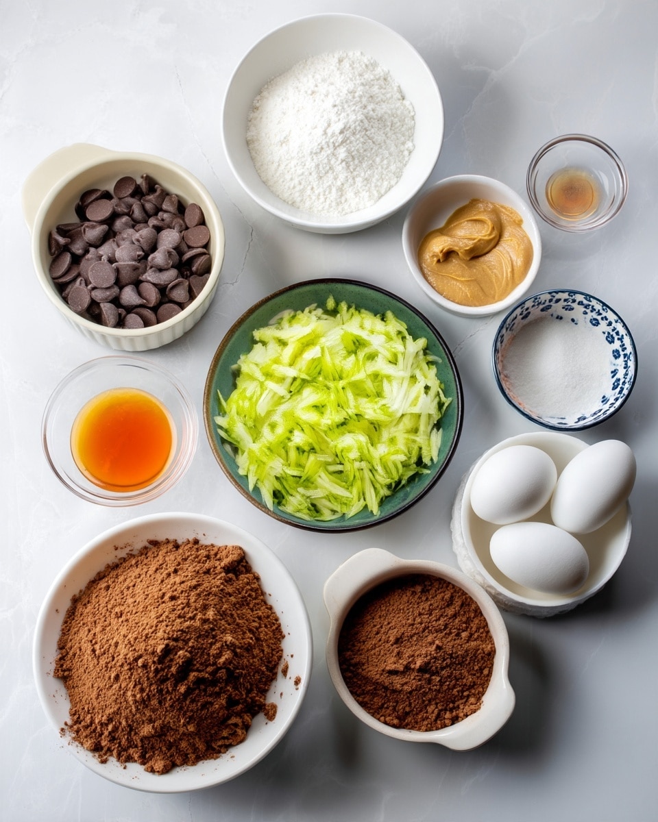 The image shows several small white bowls and one white patterned bowl arranged on a white marbled surface. Starting from the top left, there is a white bowl filled with dark brown chocolate chips. Next to it is a small white bowl with white powder, likely flour. To the right is a white bowl with amber syrup or honey. Below the chocolate chips, there is a white bowl with light brown peanut butter and next to it, a small clear glass bowl with orange liquid, possibly vanilla extract. In the center, a white bowl holds green grated zucchini. To the right, there is a white bowl filled with a brown powder, likely cocoa powder, and next to it, a white patterned bowl with two whole white eggs. Above the eggs, a white bowl contains light brown sugar. The colors and textures of the ingredients create a balanced and clean presentation. photo taken with an iphone --ar 4:5 --v 7