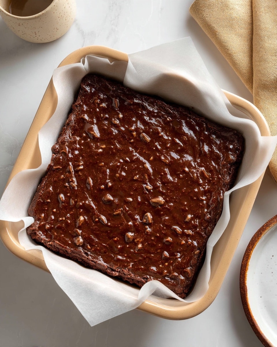 A shallow beige baking dish lined with white parchment paper holds a thick, dark brown chocolate batter speckled with small chunks, spread evenly inside. The dish sits on a white marbled surface. To the right, there is a part of a smaller white plate with a brown rim. In the top left corner, part of a small round beige container is visible. photo taken with an iphone --ar 4:5 --v 7