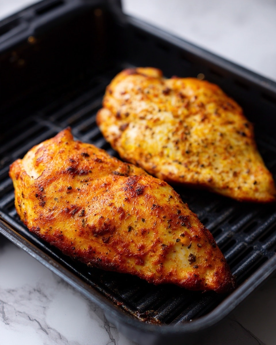 The image shows two golden-brown cooked chicken pieces with a slightly crispy texture, lying side by side on a black grill tray inside an air fryer. The chicken pieces have a light seasoning visible as small dark specks. The black grill tray has parallel ridges and holes, and the air fryer sides are also black, creating a strong contrast with the warm tones of the chicken. The background surface is a white marbled texture. photo taken with an iphone --ar 4:5 --v 7