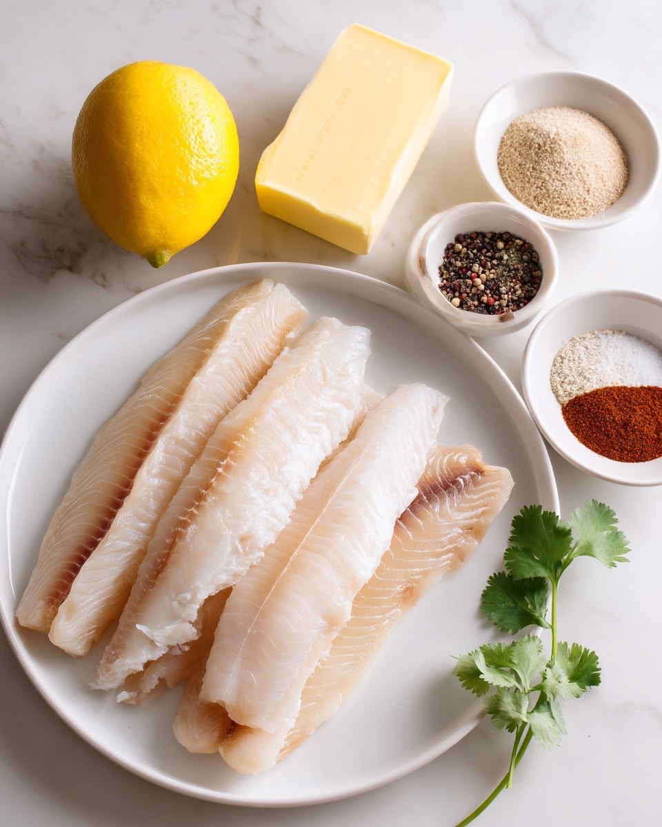 A white plate holds five raw fish fillets, each pale with a slightly translucent, light beige color and subtle darker veins running through the flesh. To the right of the plate are three small white bowls: one contains a beige powder and a red-brown spice, another holds a mix of black and white pepper, and the third is empty. Nearby, a stuck-together, pale yellow butter block with marked portions sits horizontally. Above the butter, a bright yellow lemon rests beside a whole garlic bulb with white papery skin. A small green sprig of fresh cilantro lies next to the garlic. All items are placed on a white marbled surface, creating a clean and bright background. Photo taken with an iphone --ar 4:5 --v 7