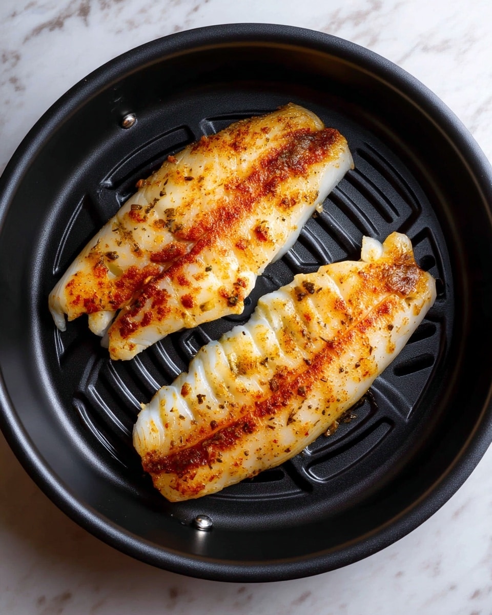 The image shows two pieces of cooked white fish fillets placed side by side inside a black grilling pan. Each fillet has a light golden-brown color on top with some darker grill marks and a slightly crisp texture, while the edges remain lighter and softer. The grilling pan has raised ridges and holes for ventilation and rests on a white marbled surface with a wood texture background partially visible. Photo taken with an iphone --ar 4:5 --v 7