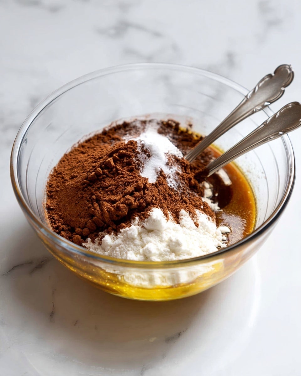 A clear glass bowl sits on a white marbled surface, filled with multiple layers of ingredients ready to be mixed, including a thick brown powder of cocoa, white flour, and white sugar sprinkled on top of a golden-brown wet base likely made of syrup or melted butter. A silver spoon with a twisted handle rests inside the bowl on the right side, partially submerged in the mixture. The scene is simple and clean with a focus on the ingredients in the bowl. Photo taken with an iphone --ar 4:5 --v 7