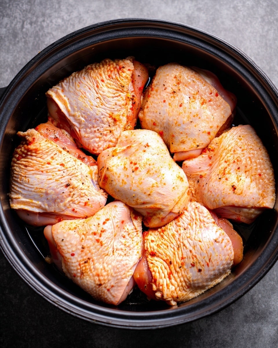 The image shows a round black cooking pot filled with six large pieces of raw chicken with skin on. The chicken pieces are arranged in a ring around the pot, each piece showing a pale pink and light orange color with a slightly rough, textured skin. The skin has a light dusting of seasoning, giving it a slightly spotted look with hints of light brown and red spices. The metal surface inside the pot is smooth and dark, contrasting with the chicken pieces. Photo taken with an iphone --ar 4:5 --v 7