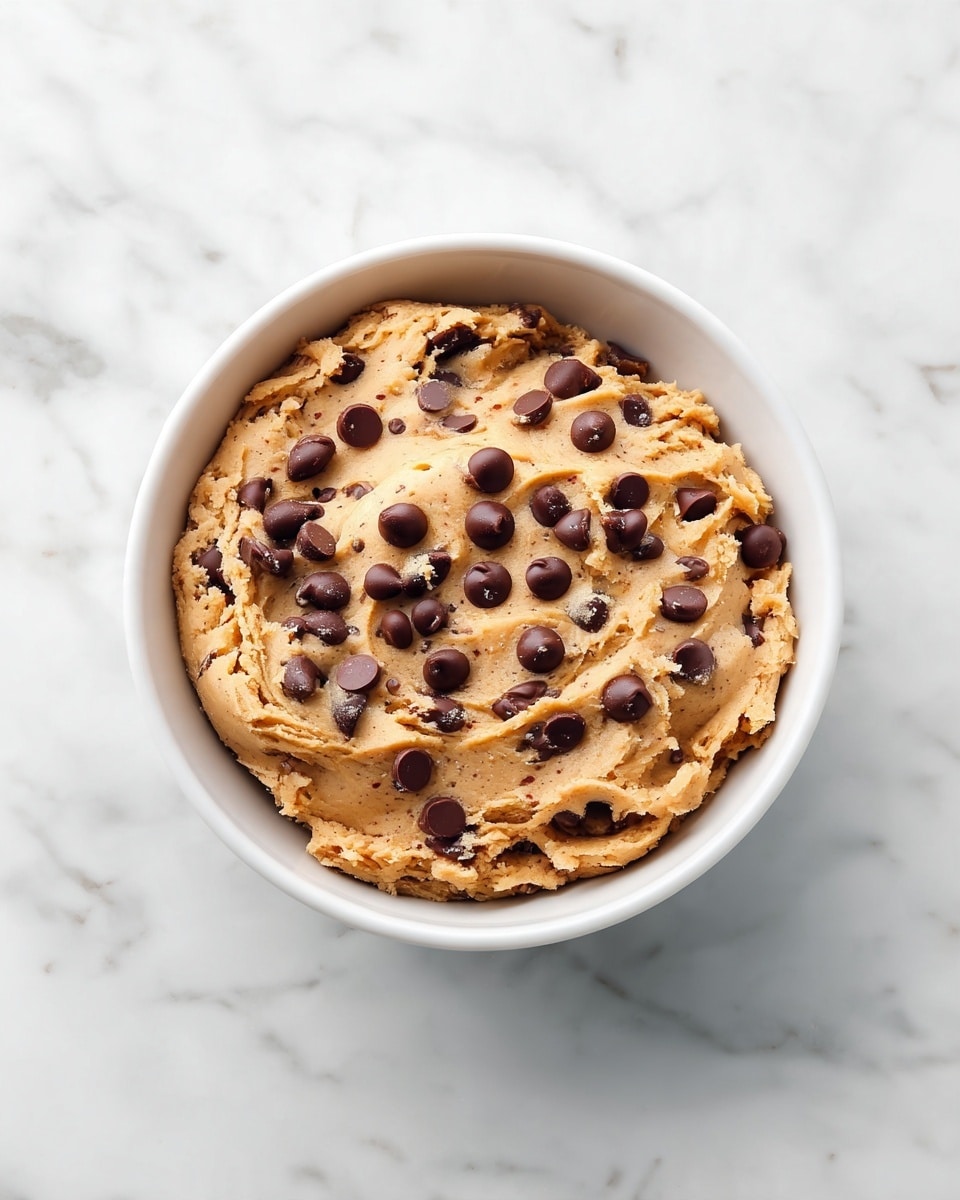 A white round bowl filled with light brown cookie dough mixed evenly with dark brown chocolate chips, the dough has a soft, slightly uneven surface with visible swirls and chocolate chips scattered on top. The bowl is placed on a white marbled surface, with empty space around it. photo taken with an iphone --ar 4:5 --v 7