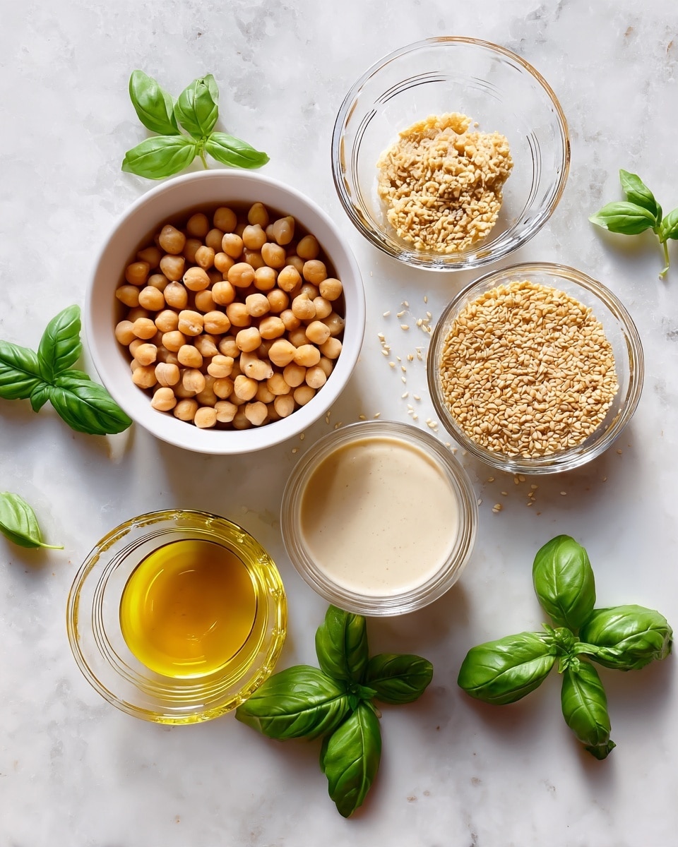 Top view of five small bowls arranged on a white marbled surface with scattered green basil leaves. The first white bowl on the left is filled with light brown round chickpeas. Next to it, a clear glass bowl holds coarse beige sesame seeds. Below it, another clear glass bowl contains golden yellow olive oil. To the right, a white bowl is filled with creamy white tahini. In the center, a small clear glass bowl contains light brown liquid, likely lemon juice or broth. The bowls have smooth, clean surfaces and the image has bright natural light. photo taken with an iphone --ar 4:5 --v 7