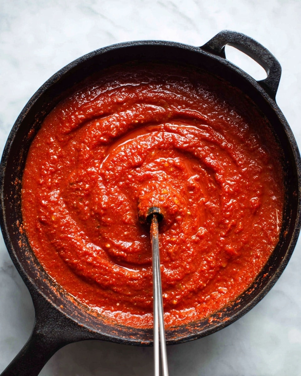 A close-up image shows a thick, rich, red tomato sauce with visible pieces of whole tomatoes being blended inside a black cast iron pot. The sauce has smooth and slightly chunky textures swirling around the metal blending stick, which is held upright in the center of the pot. The pot is placed on a surface with white marbled texture, adding a clean and simple background. The edges of the pot show some sauce stains, suggesting it is warm and freshly made. photo taken with an iphone --ar 4:5 --v 7