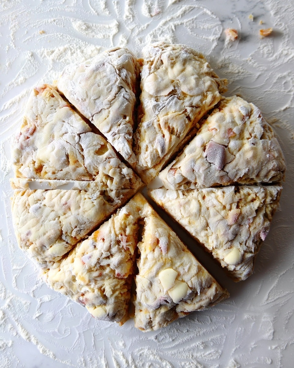A round dough is divided into eight triangular pieces. The dough is light beige with small bits of nuts or fruit embedded, creating slight color spots of pale brown and yellow. The surface of the dough is rough and dusted with white flour, giving it a powdery look. The dough rests on a white marbled surface with scattered flour around it. The pieces form a neat circle, with visible cracks and texture on each slice. photo taken with an iphone --ar 4:5 --v 7