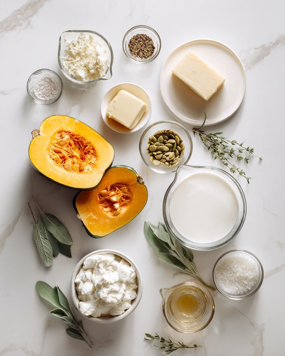 Top-down professional food photography, flat lay style, bright white marble countertop, neatly arranged, evenly spaced, tidy, clean organized layout, include: halved acorn squash on small plate, small bowl of unsalted butter, small bowl of cream cheese, glass measuring cup of heavy cream, small bowl of grated Parmesan cheese, small bowl of pumpkin seeds, small glass cup with fresh thyme sprigs, small glass cup with fresh rosemary sprigs, small glass cup with fresh sage leaves, small bowl of salt, small bowl of black pepper, bright soft natural lighting, sharp focus, high detail textures, realistic reflections, professional DSLR look, 4K, no finished dish, no cooked food, no hands, no text, no watermark, no brand logos --ar 4:5 --v 7