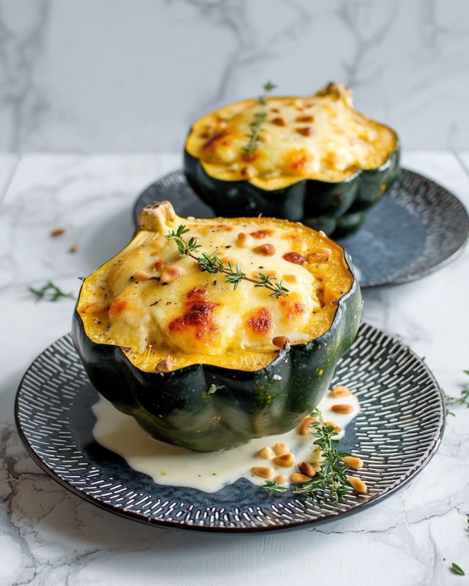 The image shows two acorn squash halves filled with a creamy, baked dish. Each squash is dark green with a scalloped edge, and they are hollowed out to hold the filling. The filling is light yellow and creamy, topped with melted cheese that has some browning spots. Small pine nuts are scattered on the cheese layer, and a sprig of fresh thyme is placed on top for garnish. The front squash sits on a large white plate with a textured black pattern, and there is a small spill of the creamy filling on the plate. The background has a white marbled texture. The photo taken with an iphone --ar 4:5 --v 7