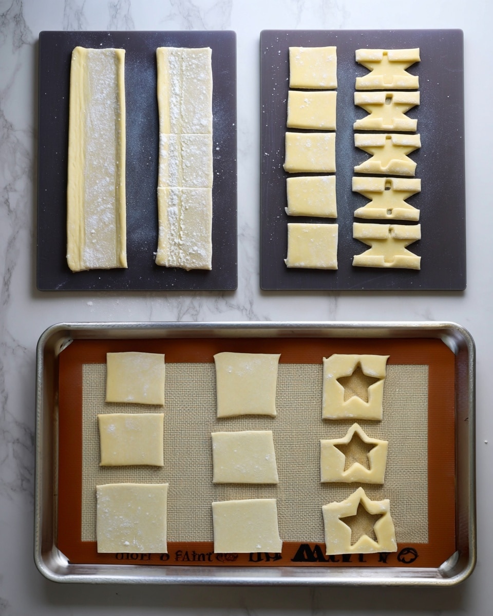 The image shows three steps of preparing dough pieces on dark boards and a baking tray. In the first step, there are three long rectangular dough strips placed flat side by side. In the second step, each rectangle is divided into three smaller rectangles, with the middle two strips having star shapes cut out, creating star-shaped dough pieces beside them. In the last step, the dough pieces are arranged in three rows of three on a white baking tray lined with a silicone baking mat, with each piece neatly spaced apart. The dough has a pale yellow color with a slightly powdery texture, and the background is a white marbled texture. photo taken with an iphone --ar 4:5 --v 7