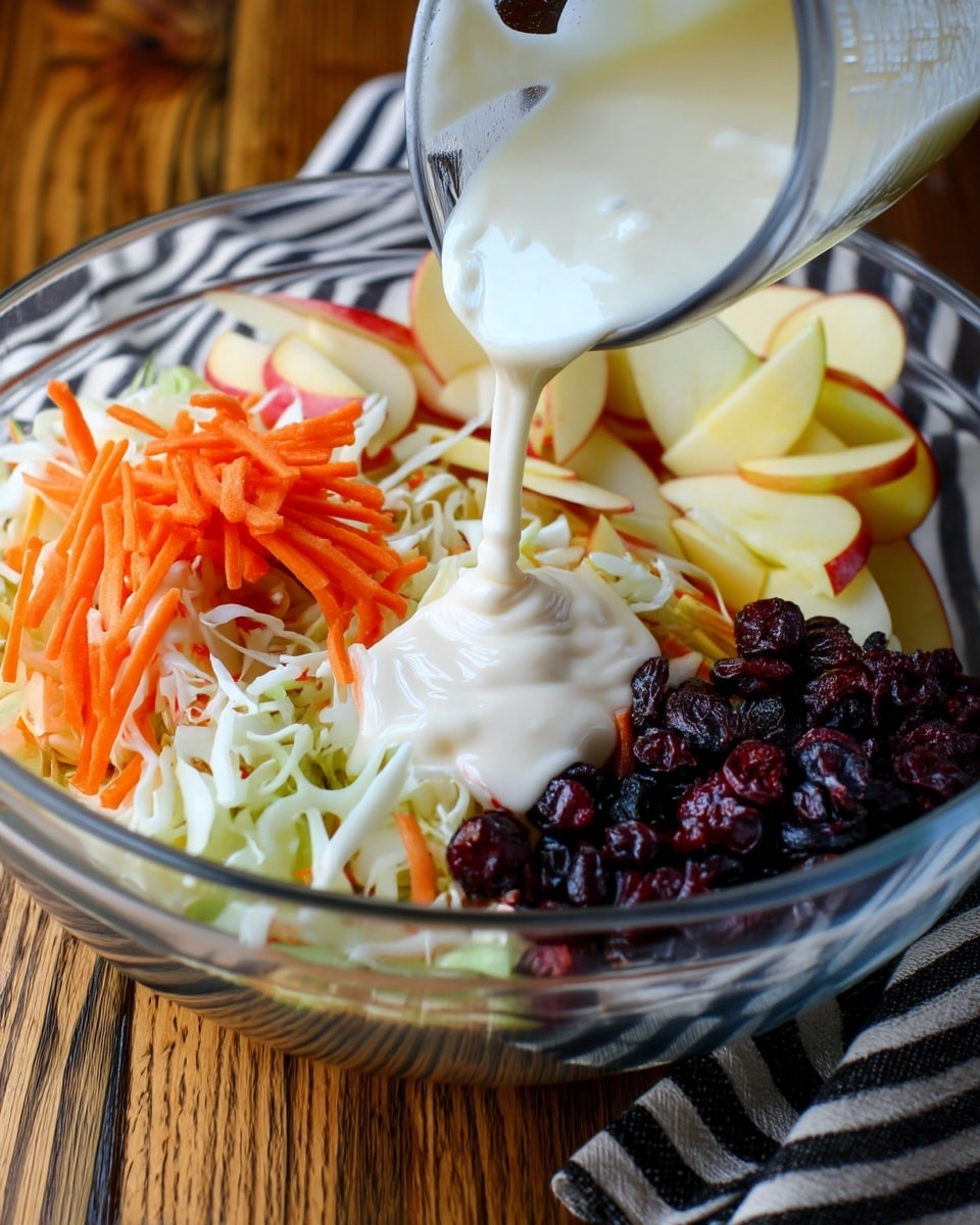 A clear glass bowl holds four distinct layers: shredded white cabbage mixed with some thin orange carrot strips on the left, thinly sliced apple wedges with red skin arranged in the back, a pile of dark dried cranberries on the right, and a thick creamy white dressing being poured from a clear glass cup onto the center of the salad. The bowl sits on a wooden surface with a black and white striped cloth nearby. Photo taken with an iphone --ar 4:5 --v 7