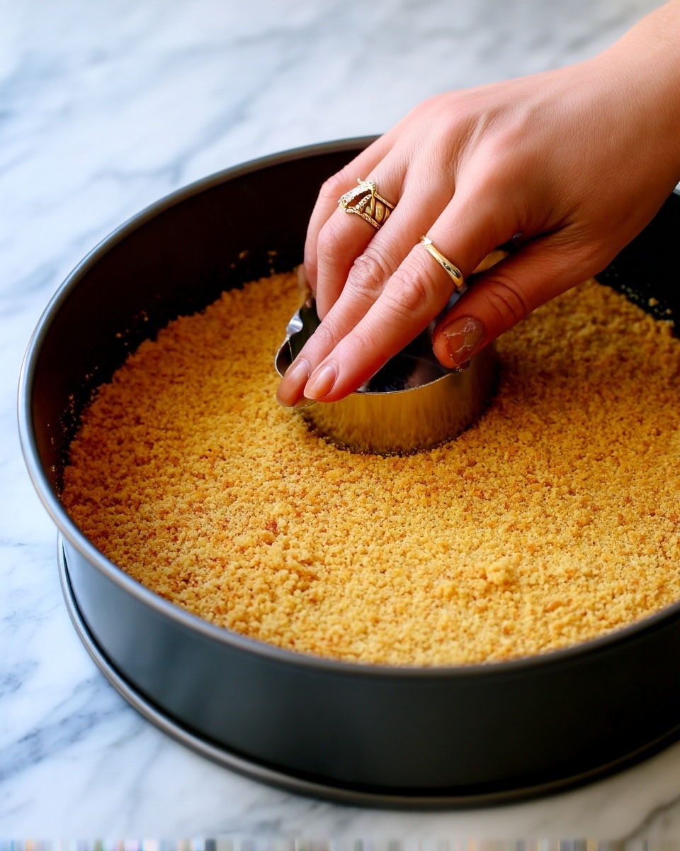 A close-up view of a woman's hand pressing a silver measuring cup into a golden brown crumb crust inside a round black springform pan, the crust layer looks finely crushed with a slightly rough texture. The background is a white marbled surface. photo taken with an iphone --ar 4:5 --v 7