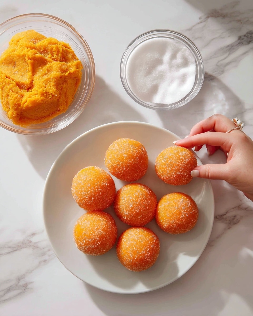 The image shows a close-up of a kitchen scene on a white marbled surface with a glass bowl on the left filled with bright orange dough, having a smooth yet slightly grainy texture. To the right, there is a white plate holding seven round dough balls coated in granulated sugar, their orange color visible beneath a sugary layer that adds a slightly rough texture. Below the plate, a small clear glass bowl filled with white granulated sugar sits in view. On the right side of the image, a woman's hand with a delicate bracelet gently holds one of the sugar-coated dough balls. The whole scene is softly lit, emphasizing the bright orange dough and the sparkling sugar crystals. photo taken with an iphone --ar 4:5 --v 7