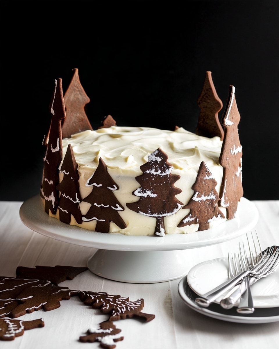 A two-layer round cake covered evenly with smooth white frosting sits on a white cake stand with a white marbled textured surface beneath it. Around the outside edge of the cake, there are multiple chocolate tree-shaped cookies standing upright, decorated with white icing that looks like snow on the branches. Some cookies are taller and thin while others are shorter and fuller. More chocolate tree cookies lie flat on the white marbled surface around the base of the cake. A small stack of white plates with silver forks is placed next to the cake stand. The background is black, making the cake and cookies stand out. photo taken with an iphone --ar 4:5 --v 7