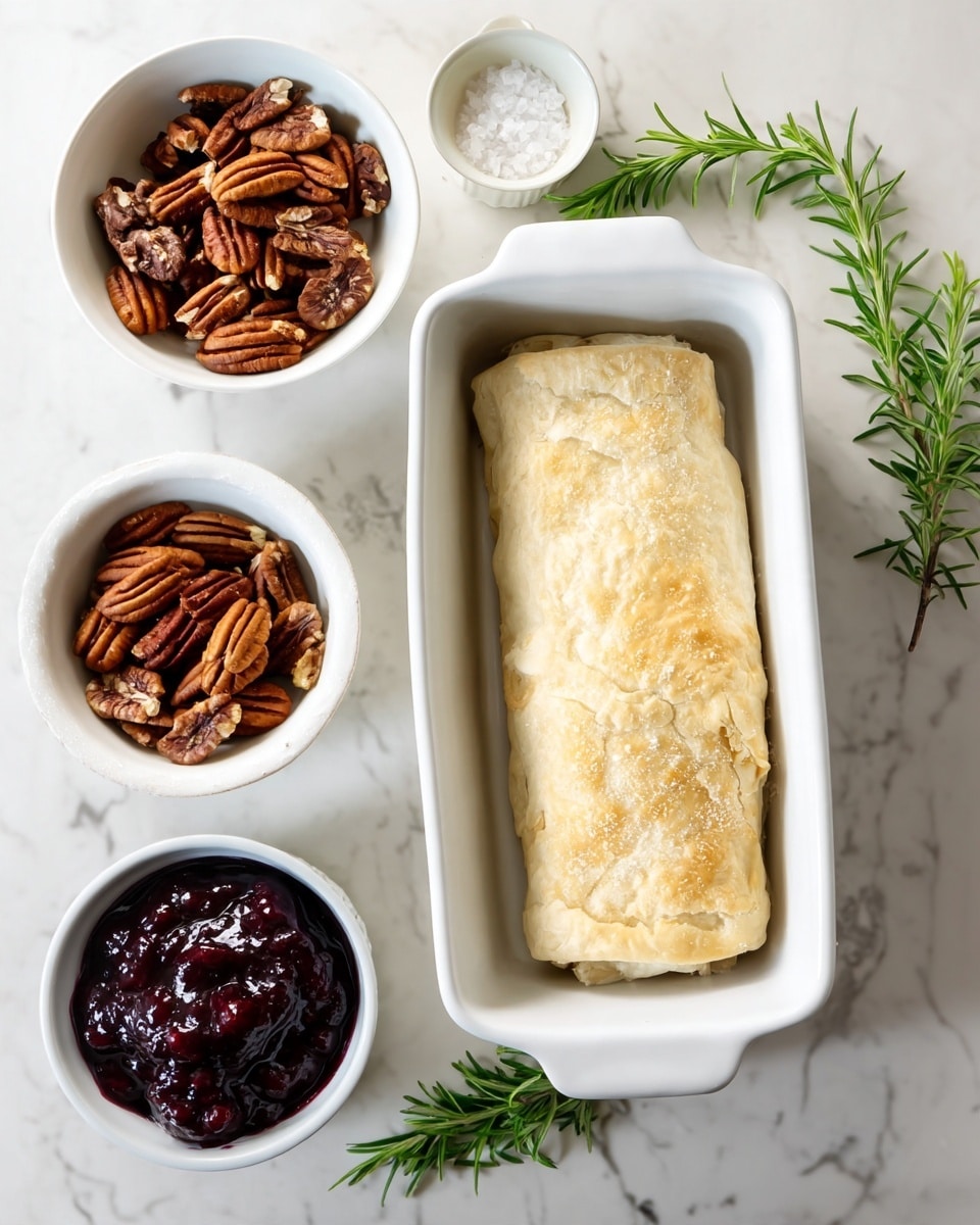 The image shows a white rectangular baking dish holding a rolled puff pastry layer that is light golden with a slightly rough texture on top. Below and around the dish on a white marbled surface are four small white bowls: one with dark brown pecans, another with fresh rosemary sprigs, one with a round wheel of soft white cheese, and the last with a dark purple jam that has a slightly chunky texture. There is also a small white bowl with coarse salt crystals. The arrangement is clean and bright, with natural lighting. photo taken with an iphone --ar 4:5 --v 7