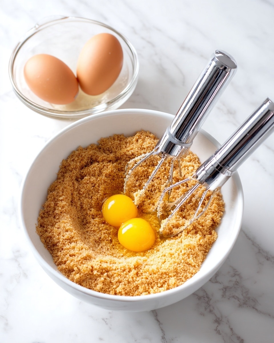 The image shows a white bowl filled with a light brown crumbly mixture that looks like sugar and butter mix. In the center, there is a raw yellow egg yolk sitting on top of the mixture. A silver electric mixer with two beaters is resting inside the bowl, partially dipped into the mix. Next to the bowl, there is a clear glass bowl holding two whole raw eggs with bright yellow yolks. The bowl and mixer are placed on a white marbled surface. photo taken with an iphone --ar 4:5 --v 7