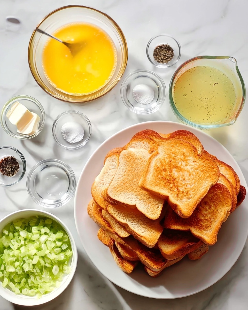 A white plate holds a stack of about two dozen toasted bread slices, each golden brown with a slightly darker edge. To the left, there is a clear glass bowl with beaten yellow eggs, a metal spoon resting inside. Surrounding this bowl are small clear glass bowls containing finely chopped celery, finely chopped onions, two small pats of butter, and seasonings including salt, black pepper, and a light brown powder. Also on the white marbled surface is a clear glass measuring cup filled with a light yellow broth. The image shows all the ingredients neatly arranged, ready for cooking. Photo taken with an iphone --ar 4:5 --v 7