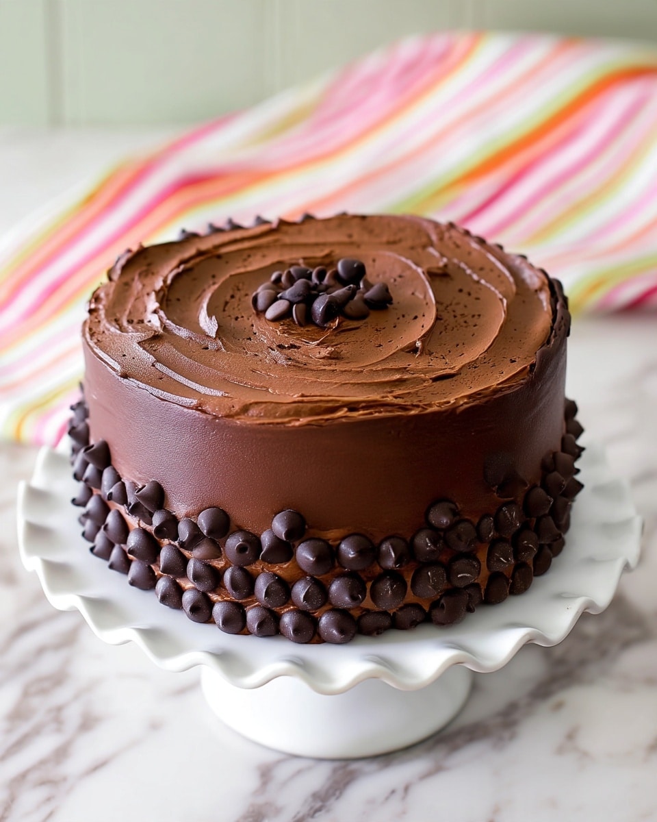 A round chocolate cake with two thick layers covered all over in smooth, dark brown chocolate frosting. The top layer of frosting has a swirl pattern with a small pile of dark chocolate chips in the center. The sides of the cake are decorated with three rows of evenly spaced dark chocolate chips. The cake sits on a white scalloped cake stand, placed on a white marbled surface with a striped cloth of pink, white, and green colors blurred in the background. Photo taken with an iphone --ar 4:5 --v 7