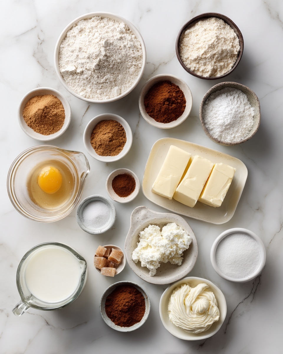 Top-down professional food photography, flat lay style, bright white marble countertop, neatly arranged, evenly spaced, tidy, clean organized layout, include: bowl of all-purpose flour, small bowl of brown sugar, small bowl of granulated sugar, small bowl of powdered sugar, small bowl of ground cinnamon, small bowl of ground ginger, small bowl of ground nutmeg, small bowl of active dry yeast, glass measuring cup of warm whole milk, small plate with room temperature butter, small plate with melted butter, small plate with egg, small bowl of molasses, small bowl of cream cheese at room temperature, small bowl of vanilla essence, bright soft natural lighting, sharp focus, high detail textures, realistic reflections, professional DSLR look, 4K, no finished dish, no cooked food, no hands, no text, no watermark, no brand logos --ar 4:5 --v 7