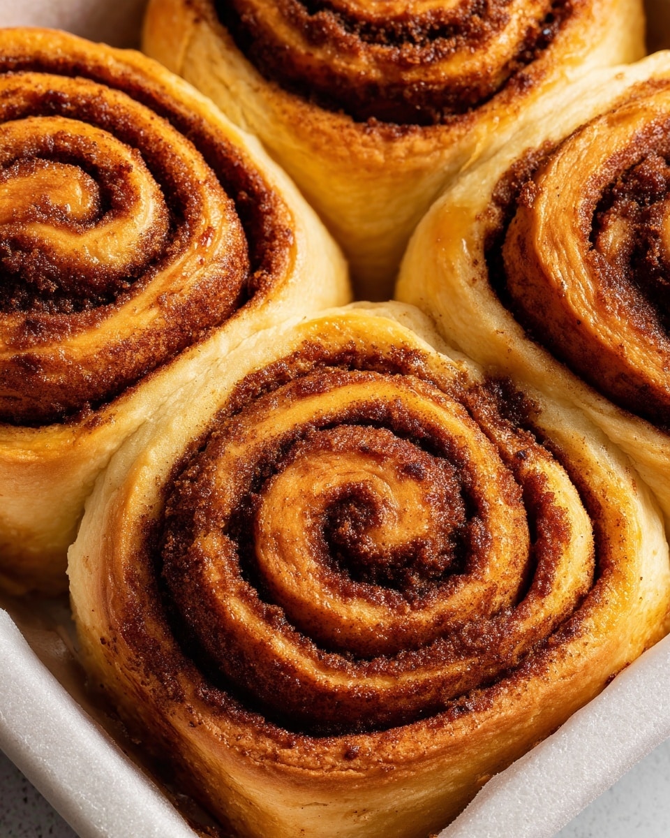 The image shows close-up views of four cinnamon rolls placed tightly together in a white marbled baking tray, each roll made of a soft, golden-brown dough spiraled with a dark cinnamon sugar filling layered evenly from the center to the edges. The dough looks moist and fluffy, while the cinnamon filling appears rich and slightly glistening. The texture of the dough is smooth with a slight crisp on the edges, and the rolls' spirals create a repeating pattern of light golden and dark brown layers. Photo taken with an iphone --ar 4:5 --v 7