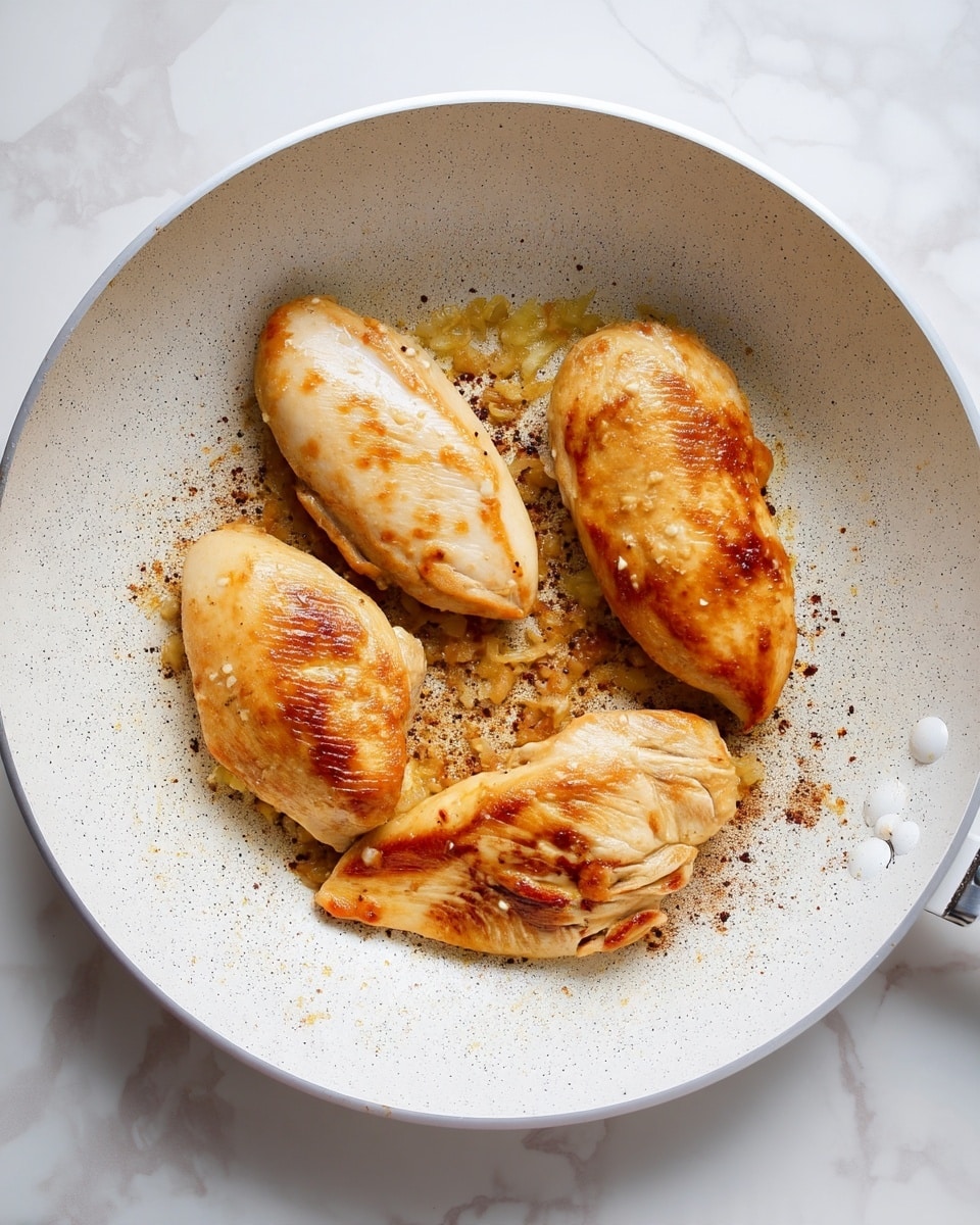 The image shows four pieces of light golden brown cooked chicken placed in a white frying pan with a speckled texture. Beneath the chicken, there are small bits of sautéed light yellow onions scattered across the bottom of the pan. Dark brown seasoning specks are seen around the edges of the onions and chicken. The pan rests on a white marbled surface. Photo taken with an iphone --ar 4:5 --v 7
