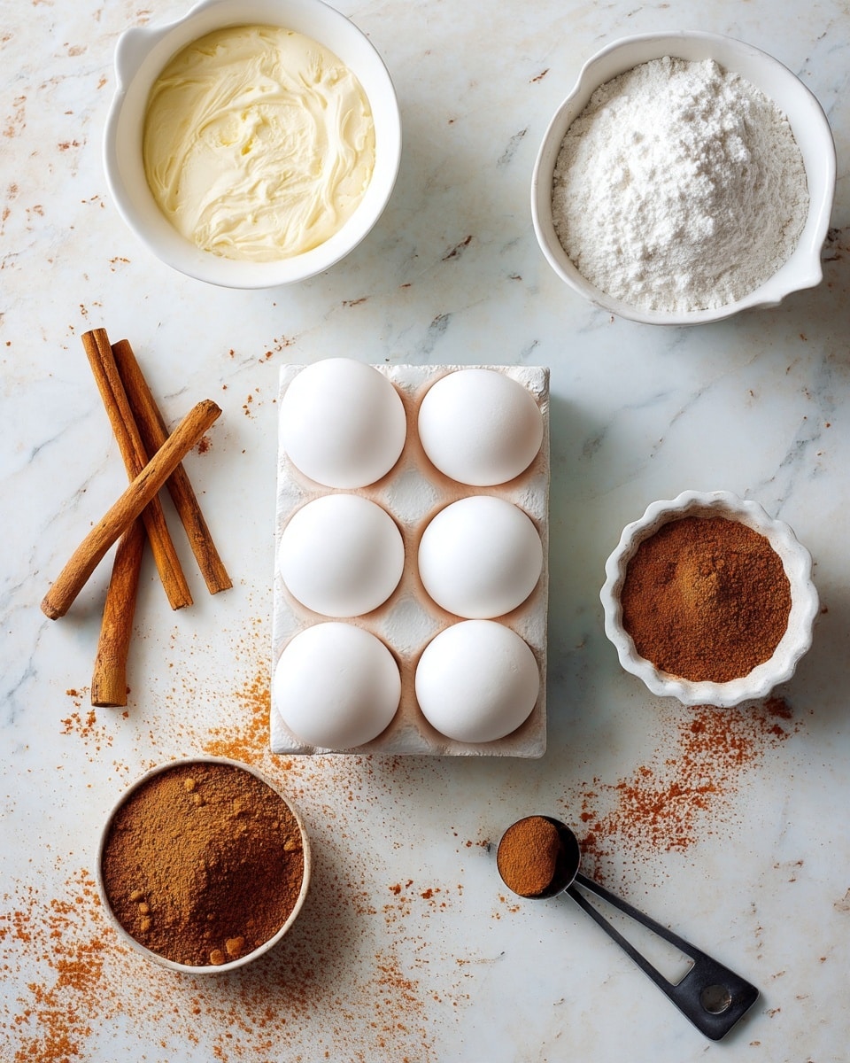 A top-down view of baking ingredients arranged on a white marbled surface. At the center, six white eggs in a neat rectangular paper carton. Surrounding them are a white bowl with a light yellowish batter or cream at the top left, a white bowl filled with a white powder at the bottom left, a small white bowl with brown powder on the right, two cinnamon sticks crossed near the bottom center, and a metal measuring spoon holding brown powder at the bottom right. Some scattered brown powder granules are sprinkled around the items. Photo taken with an iphone --ar 4:5 --v 7