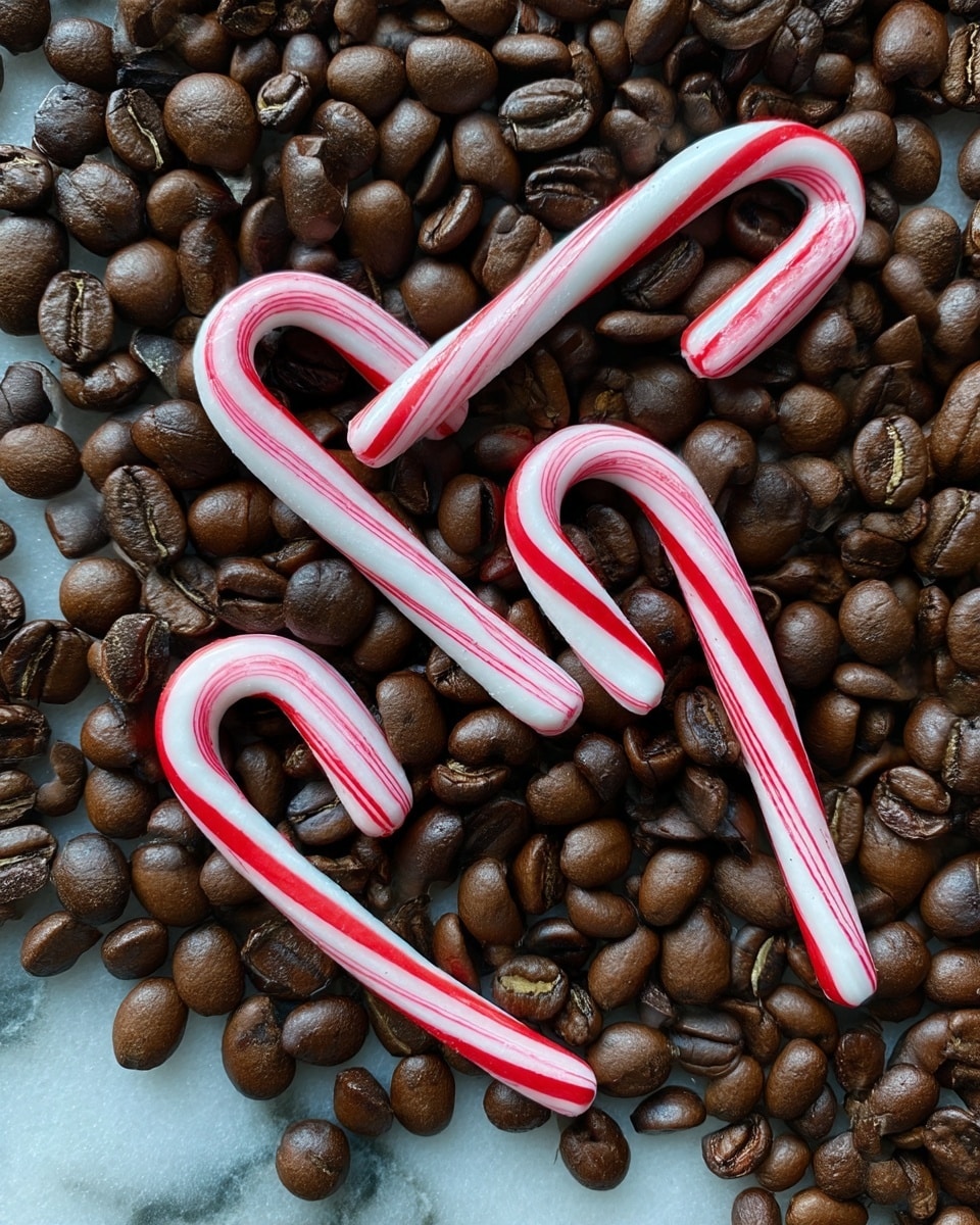 The image shows a close-up of many dark brown coffee beans spread out evenly as the base layer, with several white and red striped candy canes placed on top randomly. The candy canes are shiny and smooth with curved ends, contrasting with the rough texture and matte finish of the coffee beans underneath. The surface beneath is a white marbled texture. photo taken with an iphone --ar 4:5 --v 7