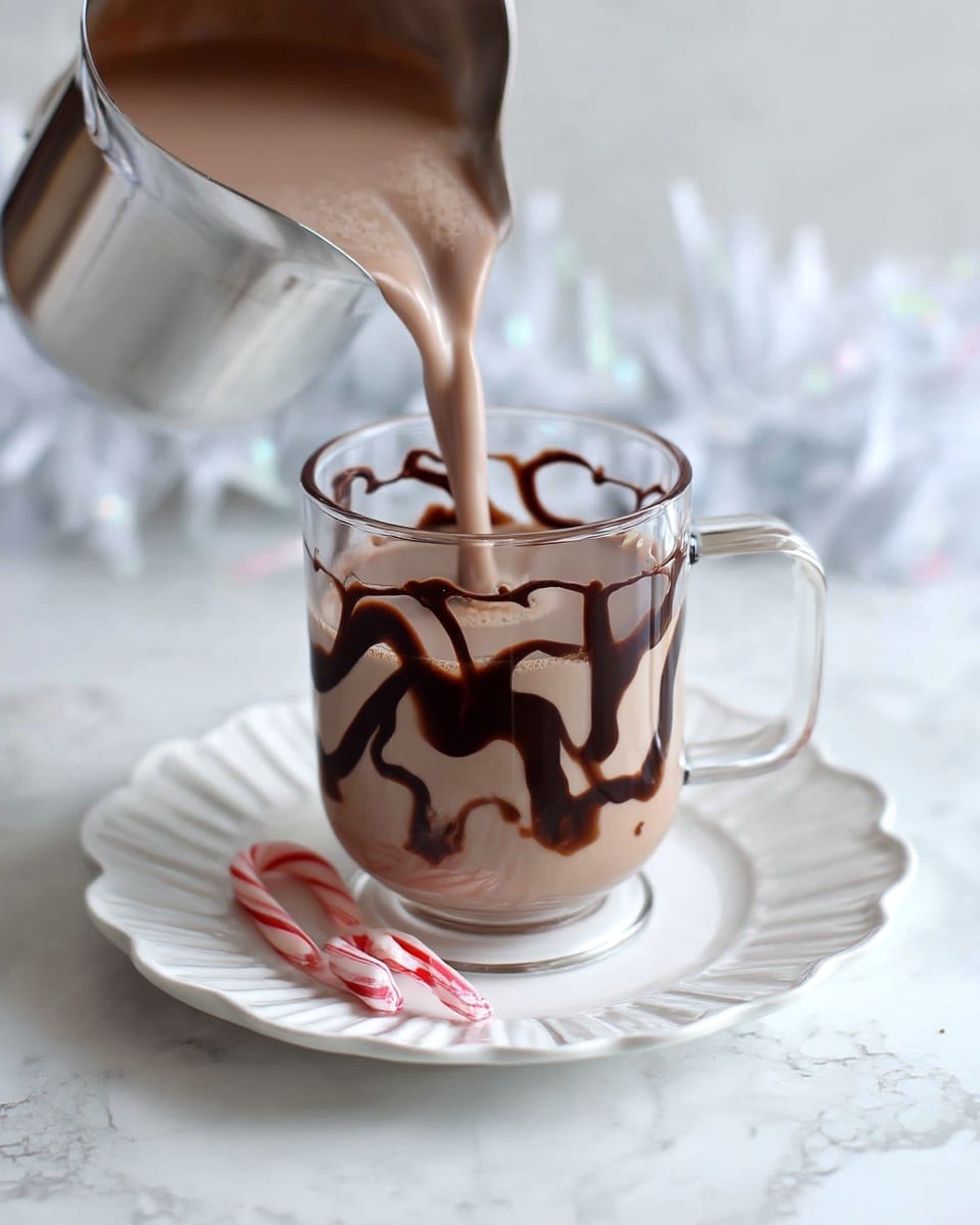A clear glass mug sits on a white scalloped plate, filled with light brown chocolate milk being poured from a silver pitcher just above it. Inside the mug, dark chocolate syrup decorates the inner surface, creating an irregular pattern of thick, dark lines that swirl around. Next to the mug, two small pink and white candy canes rest on the plate. The background shows a white marbled surface with soft-focus white shredded paper, adding a festive, cozy feel. Photo taken with an iphone --ar 4:5 --v 7