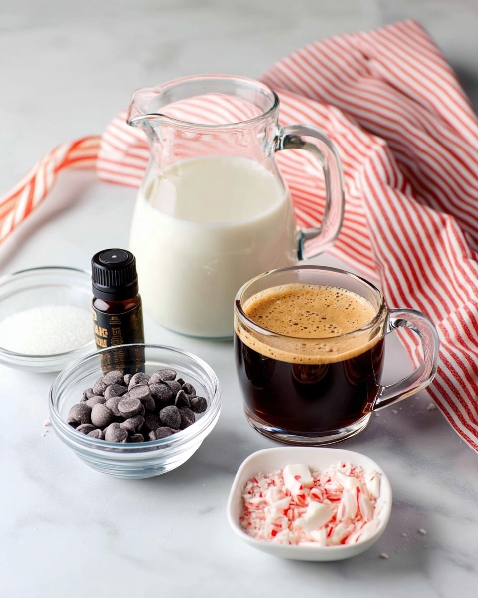 A clear glass Pyrex measuring cup filled halfway with white milk sits on a white marbled surface, next to a small clear glass bowl with white granulated sugar and another small clear glass bowl with dark chocolate chips. Nearby, there is a short clear glass container filled with dark coffee topped with light brown foam, a small black bottle of peppermint extract lying horizontally, and a square white bowl filled with red and white crushed peppermint candy. In the background, a red and white striped cloth adds a splash of color to the scene photo taken with an iphone --ar 4:5 --v 7
