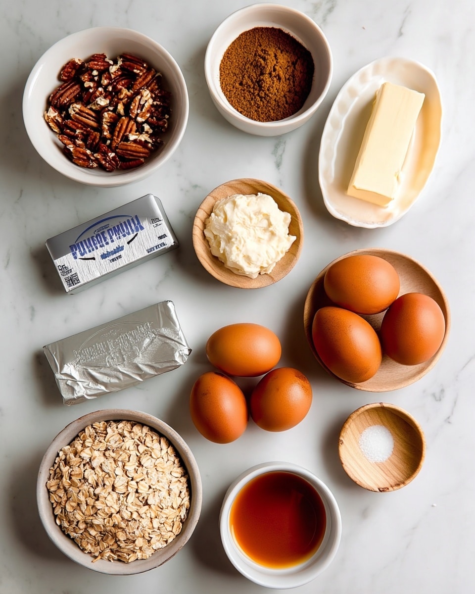 A flat lay image shows various baking ingredients placed on a white marbled surface arranged in a loose circle. There is a white bowl filled with chopped pecans at the top left, a white bowl with brown cinnamon powder at the top center, and a white dish with a block of light yellow butter on the top right. In the middle left, a can of pumpkin sits tilted slightly. Below the pumpkin can is a silver-wrapped package of cream cheese. To the right of the cream cheese are three brown eggs together. Below the eggs is a small wooden bowl with white salt. Near the bottom left is a white bowl holding packed brown sugar, and at the bottom center is a white bowl with rolled oats. To the right of the oats is a small white cup containing amber liquid, while a small glass jar with dark syrup is seen near the butter. photo taken with an iphone --ar 4:5 --v 7