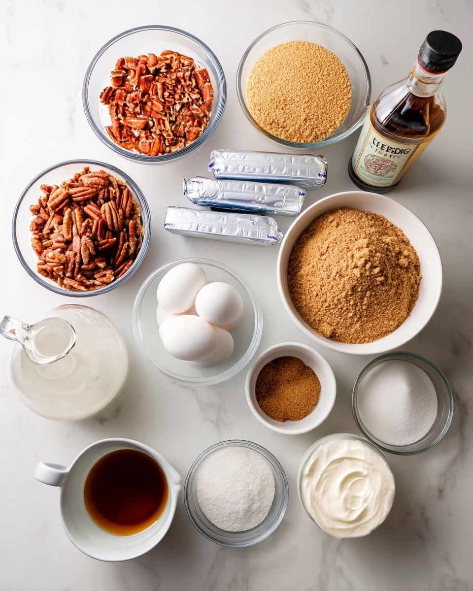 A top view of a white marbled surface showing several clear glass bowls and containers filled with baking ingredients arranged neatly. There are three sticks wrapped in silver foil placed in the center. To the upper left, a bowl is filled with chopped reddish-brown nuts, and next to it, a larger bowl with a light brown crumbly substance. To the upper right is a vanilla extract bottle and a small glass cup with a yellow liquid. Moving down, there is a small bowl of smooth light brown paste, a larger white bowl holding brown sugar, and a small bowl with white sugar beside it. At the bottom left, a glass jug contains a clear liquid. Three white eggs and a small bowl of white powder are near the center, with two more small bowls filled with white powders and a creamy white substance on the far right. photo taken with an iphone --ar 4:5 --v 7