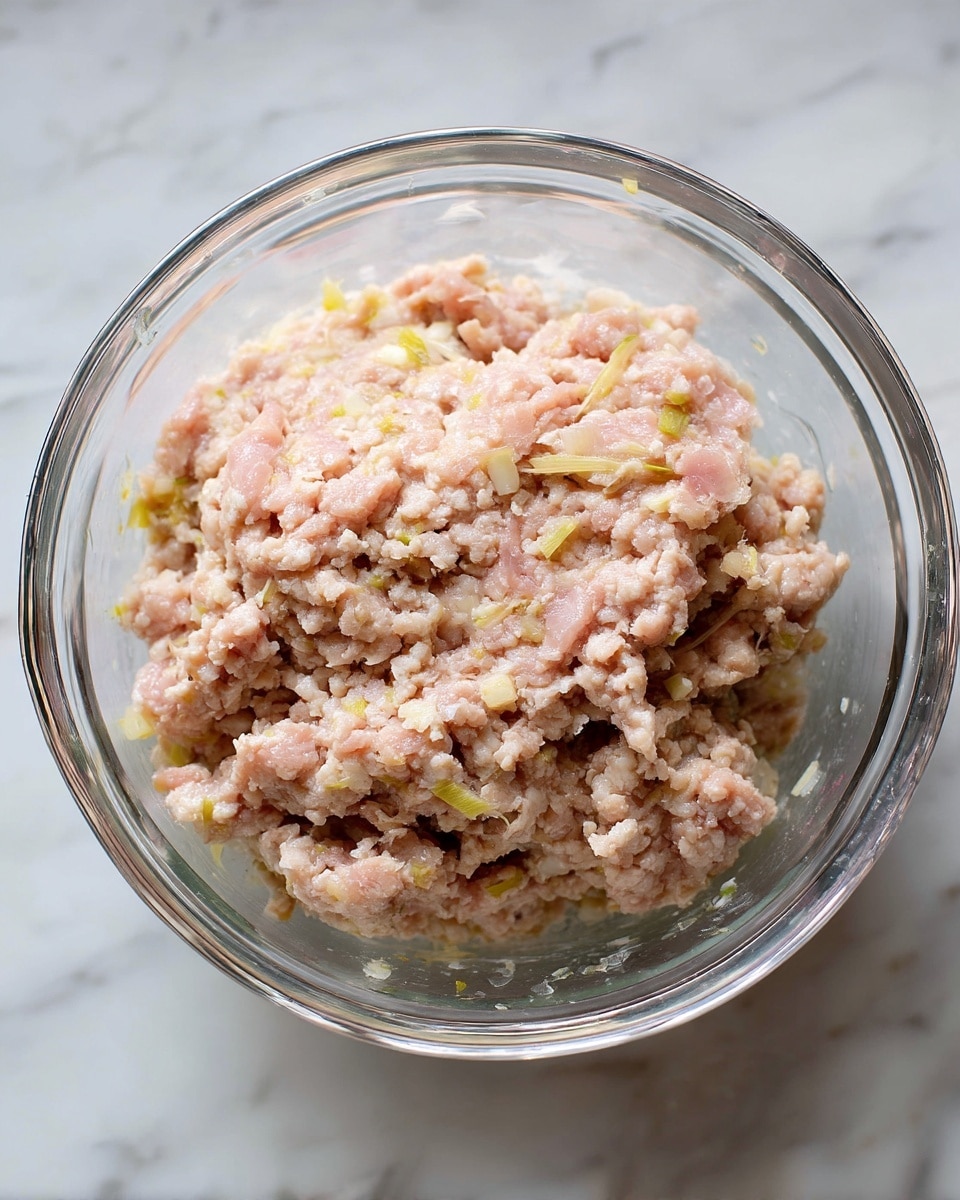 A clear glass measuring cup filled with raw ground meat mixed with light beige and pale yellow bits, likely onion or seasoning. The mixture is soft and slightly uneven, with some rough texture from the added ingredients. The cup is positioned on a white marbled surface, and the view is from above, showing the round shape of the cup and the meat mixture inside. Photo taken with an iphone --ar 4:5 --v 7